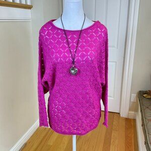 Metaphor Sweater Open Knit Boat Neck Long Batwing Sleeves Magenta (S)
